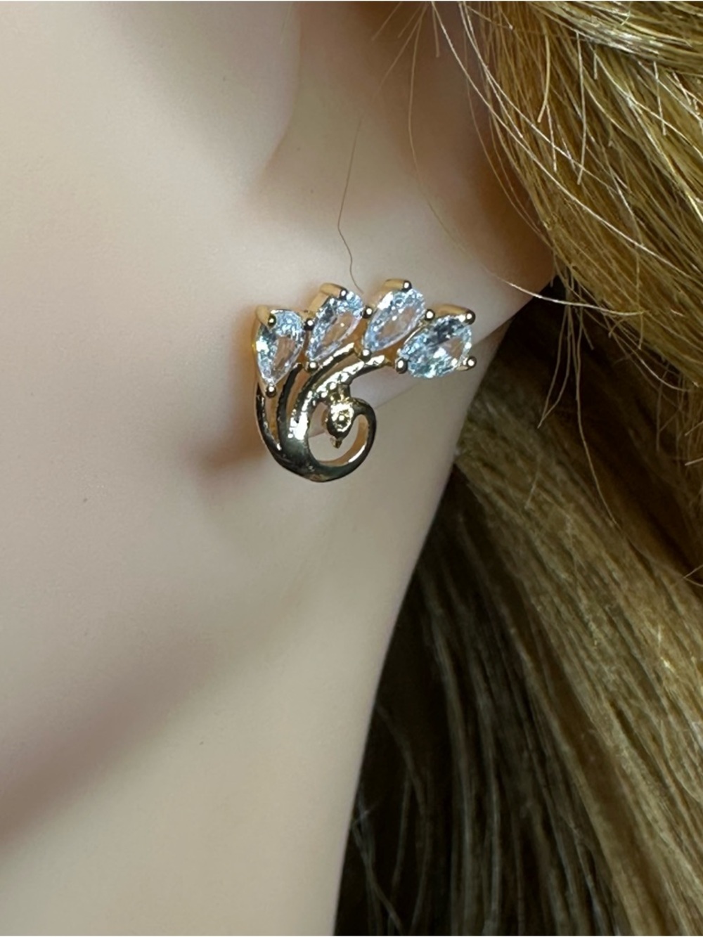 18K Gold Plated CZ Peacock Stud Earrings Pear Cut Feather Design NWT